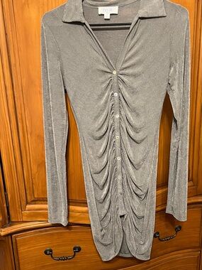 Peace Love World Silver Ruched Button-Front Long Sleeve Dress